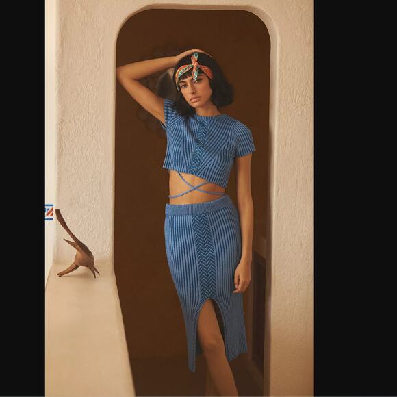 NWT Anthropologie Blue Knit Midi Skirt Set - Small - Picture 1 of 6